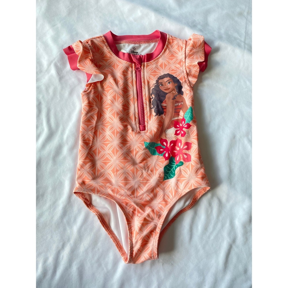 Disney Princess Girls Moana Geometric Print Tropical Swimsuit Size 3T Peach Pink